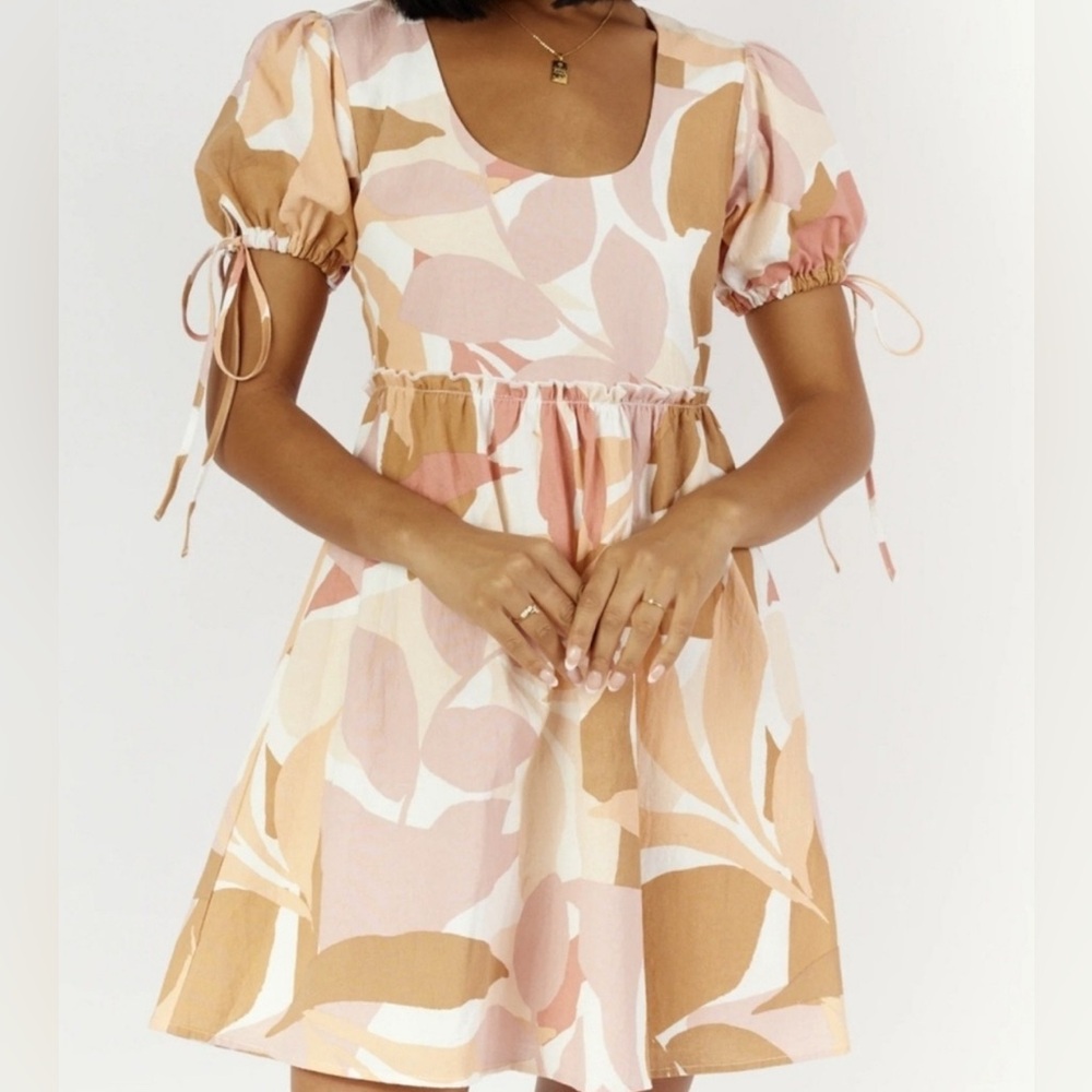Free People Pink and Tan Leaf Print Mini Dress
